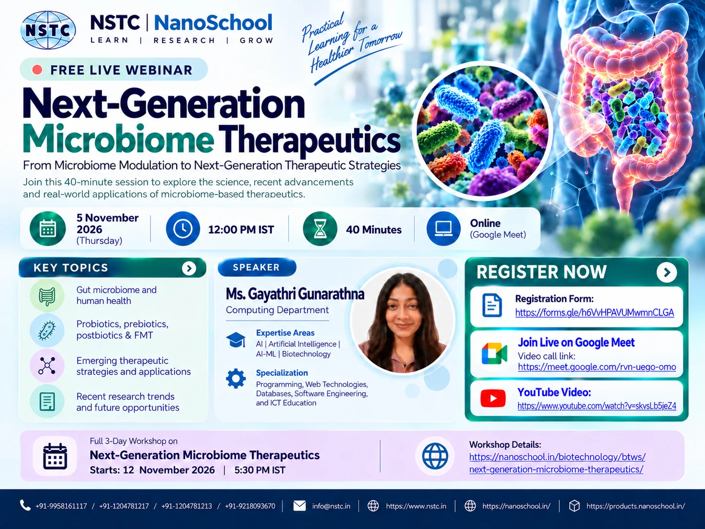 Free Live Webinar: Next-Generation Microbiome Therapeutics — 5 November 2026, 12:00 PM IST, online on Google Meet. Speaker Ms. Gayathri Gunarathna.