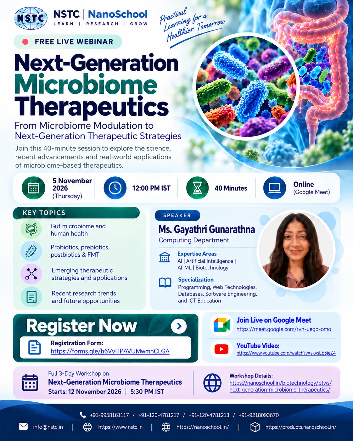 Free Live Webinar: Next-Generation Microbiome Therapeutics — 5 November 2026, 12:00 PM IST, online on Google Meet. Speaker Ms. Gayathri Gunarathna.